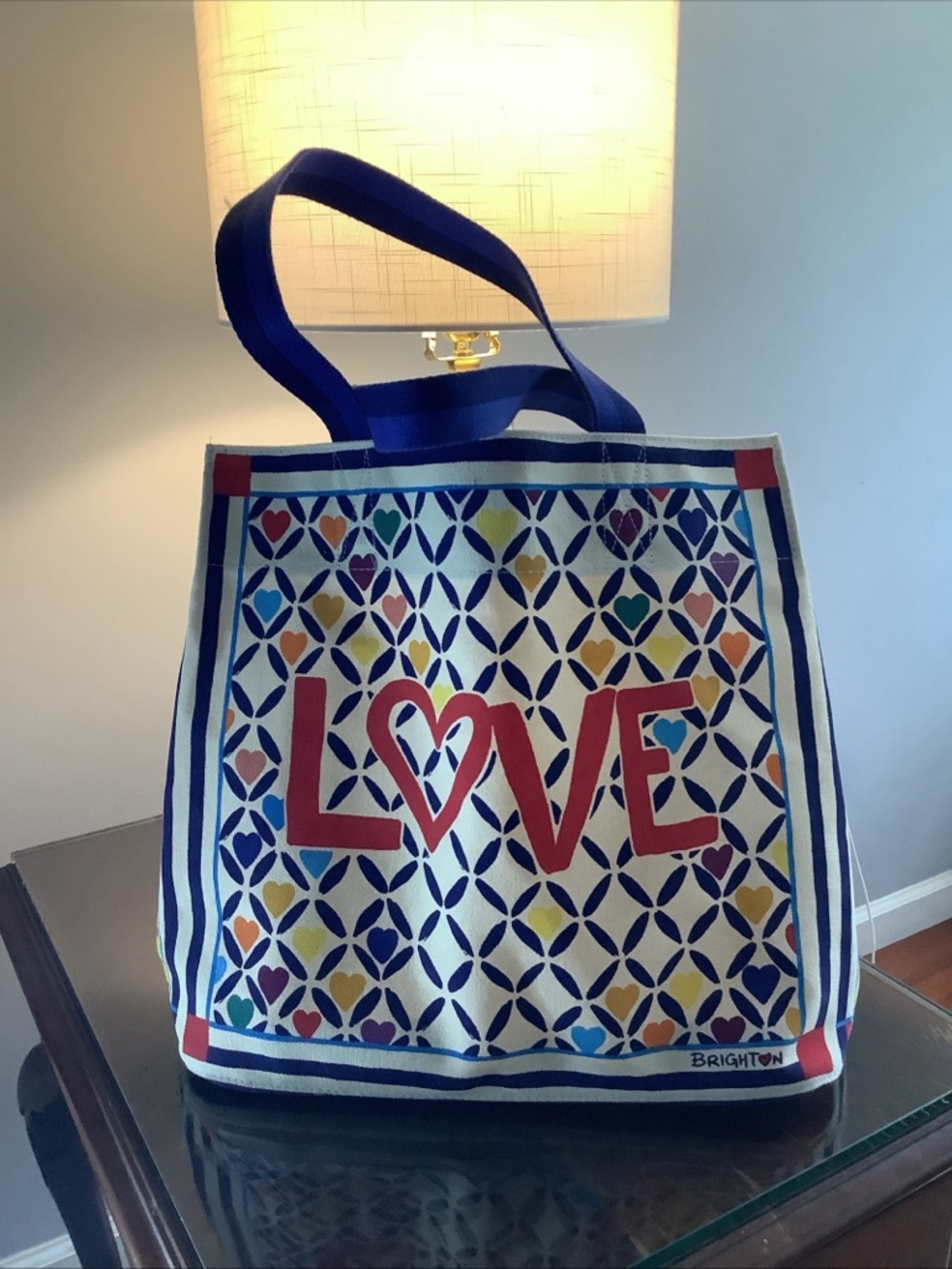 Brighton Multicolor Heart-Pattern Canvas Tote with Blue Handles